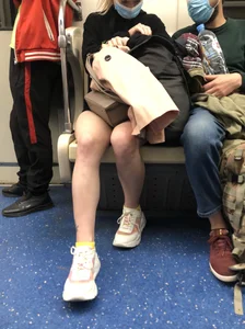 Blonde in a T-Shirt Dress With Hot Legs Subway Train Creepshots