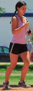 Hot brunette running in short shorts with vpl