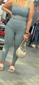 Plump Dumpy Blonde MILF in turquoise two-piece Spandex