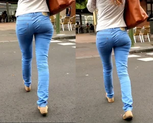 Bubble butt on the street in tight light blue jeans