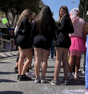 Carnival girls wearing pantyhose, spandex shorts, stockings, skirts and other outfits