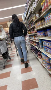 Sexy Asian girl grocery shopping in tight jeans with a nice ass