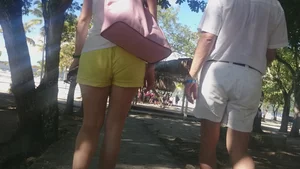 Milf in yellow shorts with vpl and a wedgie