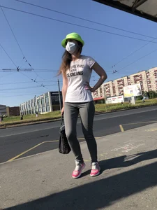 Nice candid girl wearing tight grey sweatpants, a mask and a hat