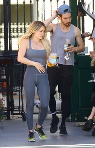 Hilary Duff in grey tights leaving Alfreds Coffee in Studio City