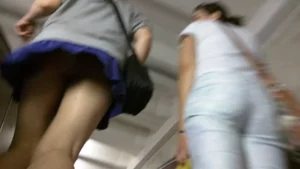 City Street Candid Upskirt with Short Blue Skirt and Hot Legs