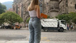 Student in tight jeans out and about