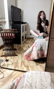 Skinny Girl Sitting on Bed in Socks and Panties Mirror Selfie