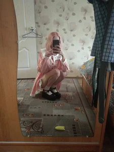Very Skinny Girl with Pink Hair Home Mirror Selfie
