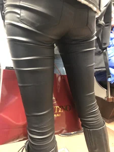 Booty in Leather Pants with Spread Legs Closeup Creepshot