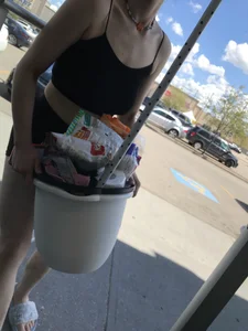 Slim teen with huge tits out shopping with mom