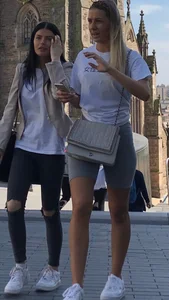 Sexy blonde in tight grey leggings shorts. Insane wedgie and vtl