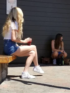 Blonde and Brunette friends in TINY jean shorts! [OC]