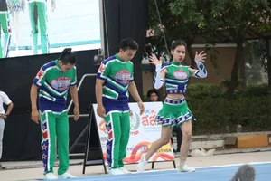 Bunch of athletic Thai cheerleaders at a competition