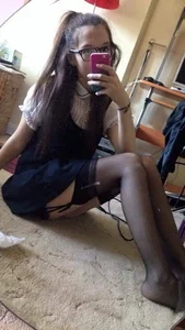Skinny Teen in a Dress and Black Stockings Sitting on the Floor Home Mirror Selfie