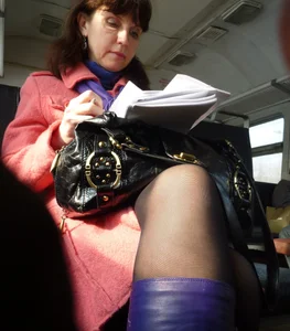 Sexy girls in skirts, stockings and upskirts on the train