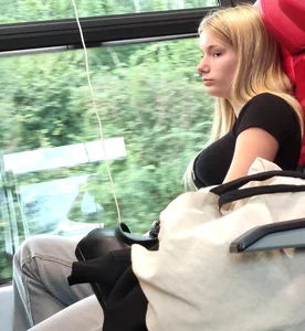 Hot busty blonde on train