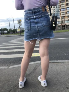 Hot Pale Candid Legs in Blue Denim Skirt on the Crosswalk Street Creepshots