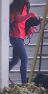 Girl next door teen walking to car in various tight jeans