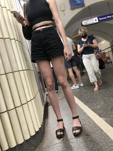Amazing Hot Skinny Candid Girl in Shorts And Sandals Touching Her Leg on a Subway Station Creepshots Gallery