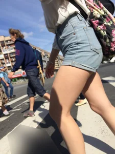 Sexy Girl in Denim Shorts With Awesome Legs on the Crosswalk Huge Creepshots Collection