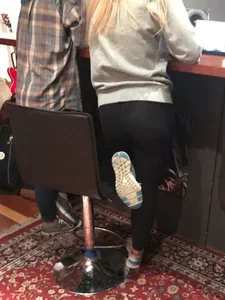 A hot blonde with beautiful smile and nice ass in leggings