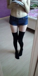 Girl in Black Knee Socks Pulling Up T-shirt Showing Tummy - Bedroom Mirror Selfie