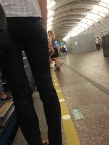 Skinny Girl in Sandals and Tights Subway Station Candid