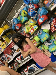 Cute Asian teen in a short dress supermarket creepshots, skinny legs and sandals