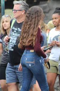 Beautiful teen in blue jeans, Mom not so bad