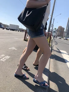 Hot Pale Legs in Denim Mini Shorts on the Crosswalk Street Creepshots Collection