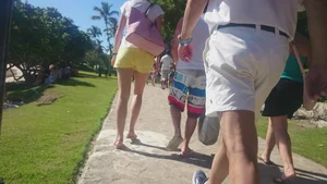 Milf in yellow shorts with vpl and a wedgie