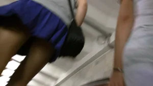 City Street Candid Upskirt with Short Blue Skirt and Hot Legs