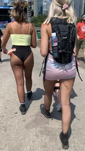 Festival Teens 2: Fit blonde in fishnets, juicy ass with purple pigtails, sexy light skin in sheer pants and black thong
