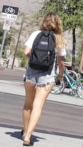Blonde in cheeky jean short shorts! OC!
