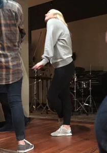 A hot blonde with beautiful smile and nice ass in leggings