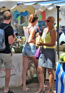 Beautiful teen out with boyfriend in short jean shorts