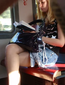 Sexy girls in skirts, stockings and upskirts on the train