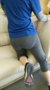 Blonde Milf in Saggy Grey Pants Sitting on the Couch Home Creepshot, Nice Butt