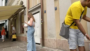 Student in tight jeans out and about