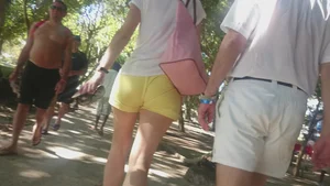Milf in yellow shorts with vpl and a wedgie