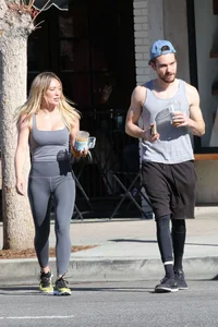 Hilary Duff in grey tights leaving Alfreds Coffee in Studio City