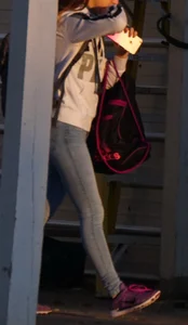 Girl next door teen walking to car in various tight jeans