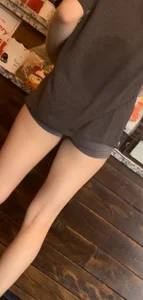 Nice teen thigh gap in booty shorts. Slightly sweaty after workout