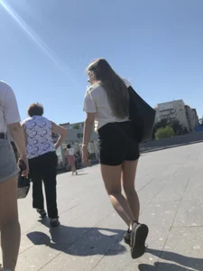 Stocky Girls in Denim Shorts on the Street Stairs Nice Legs Candid Photos