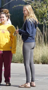 Skinny Arizona State University blonde college girl in grey leggings