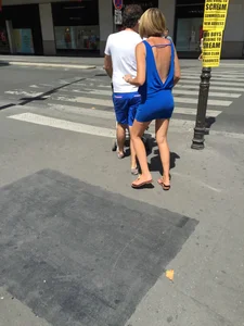 Blonde milf in tiny blue skirt with vpl
