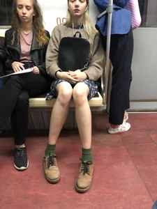 Cute Blonde Teen with Skinny Legs in a Dress Subway Train Creepshot