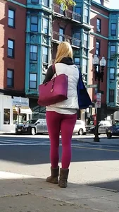 Pink leggings blonde at the bus stop