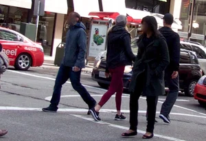 Blonde in tight red leggings and cute ass on the street